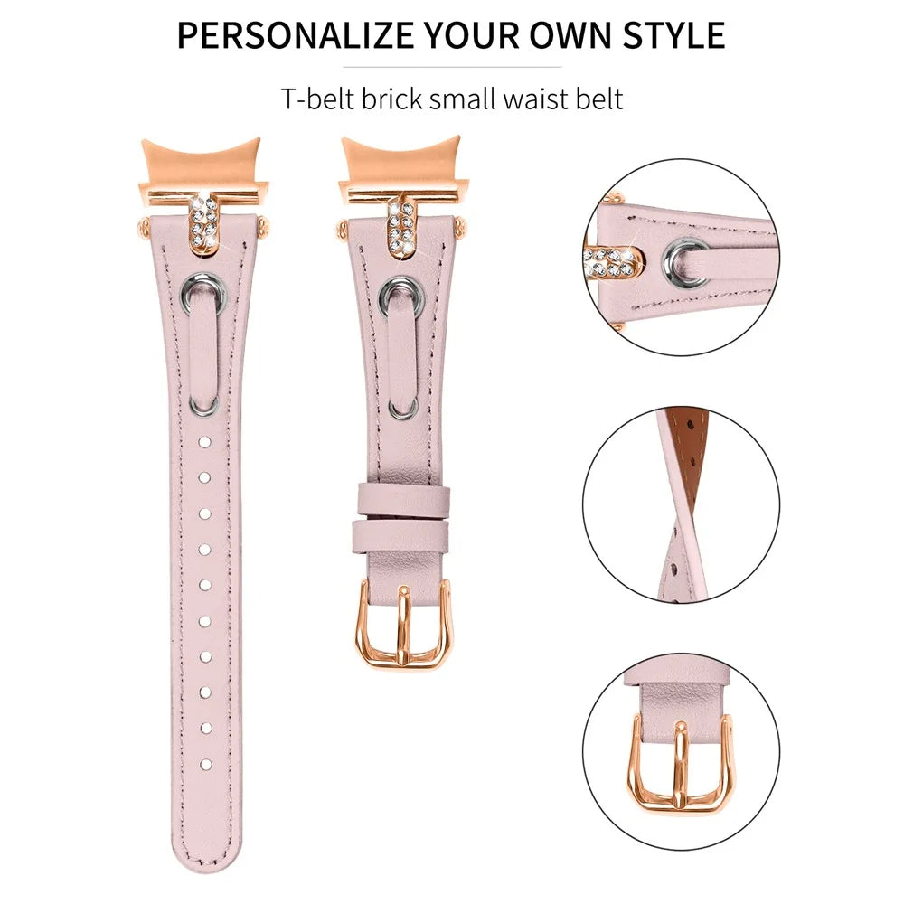For Samsung Galaxy Watch FE 40mm / Watch4 / Watch4 Classic / Watch 5 / 5 Pro Genuine Cow Leather Watchband Rose Gold Connector Watch Strap - Pink - 4