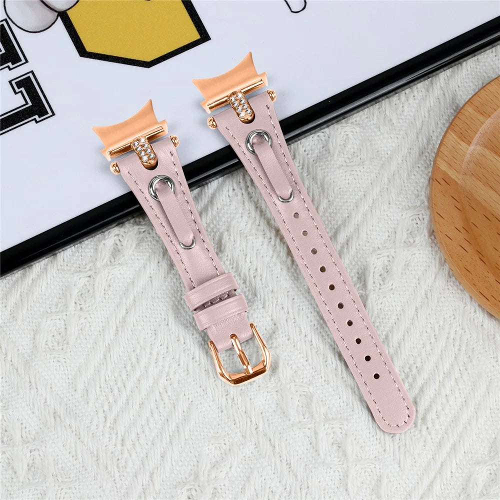 For Samsung Galaxy Watch FE 40mm / Watch4 / Watch4 Classic / Watch 5 / 5 Pro Genuine Cow Leather Watchband Rose Gold Connector Watch Strap - Pink - 5