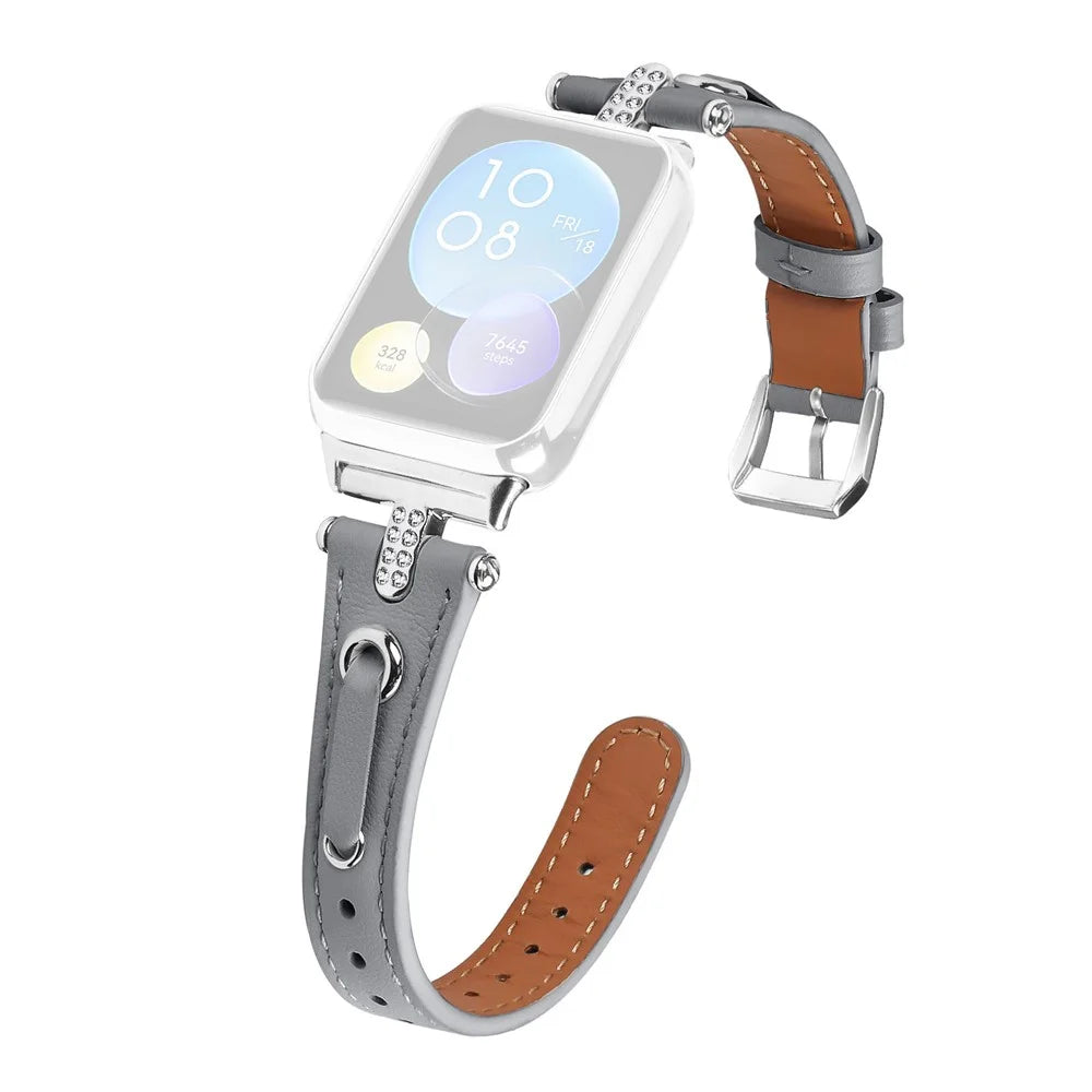 For Xiaomi Smart Band 10 Pro / 9 Pro / 8 Pro / Redmi Watch 6 / 5 / 4 Slim Strap Rhinestone Genuine Cow Leather Watch Band (Silver Buckle) - Grey - 1