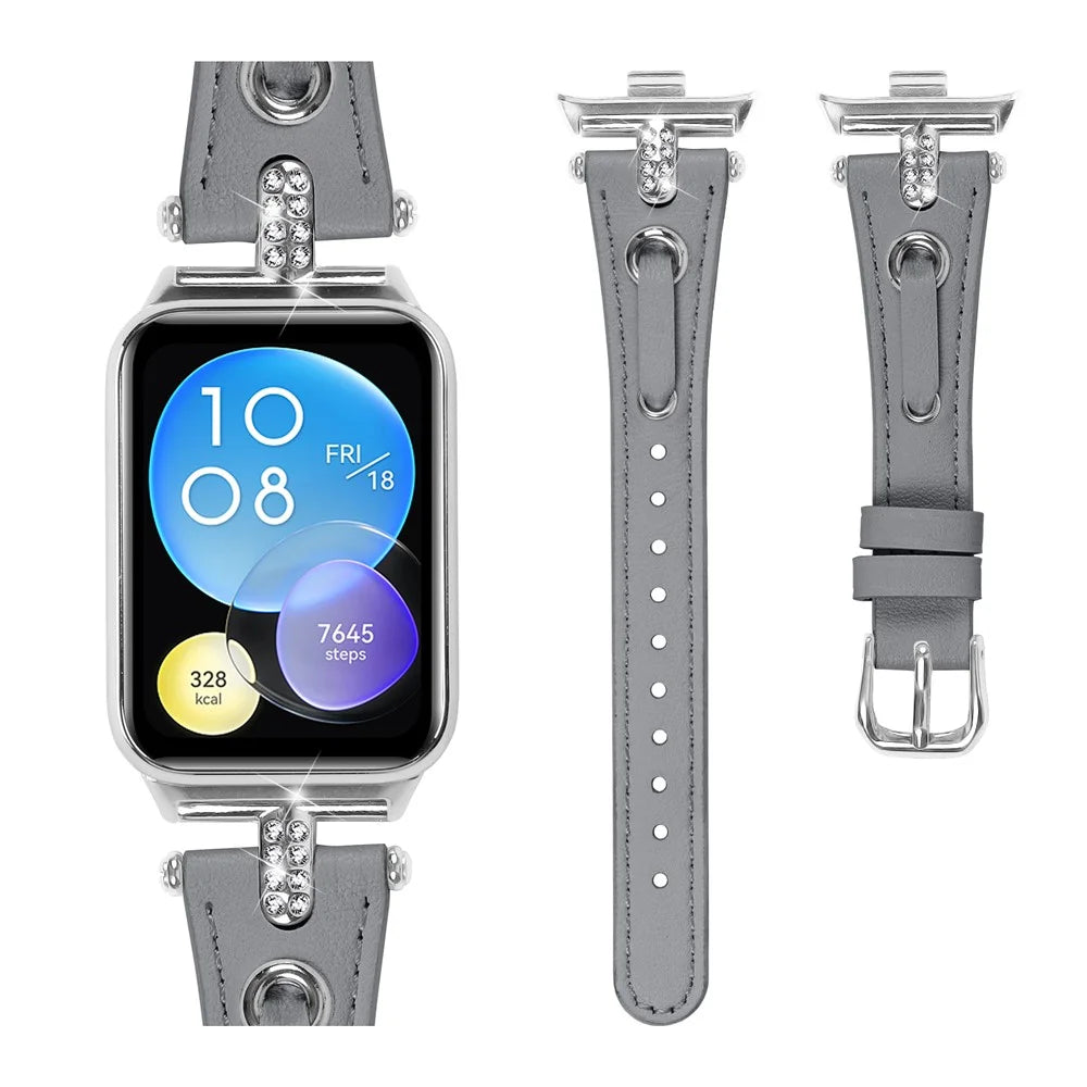 For Xiaomi Smart Band 10 Pro / 9 Pro / 8 Pro / Redmi Watch 6 / 5 / 4 Slim Strap Rhinestone Genuine Cow Leather Watch Band (Silver Buckle) - Grey - 2
