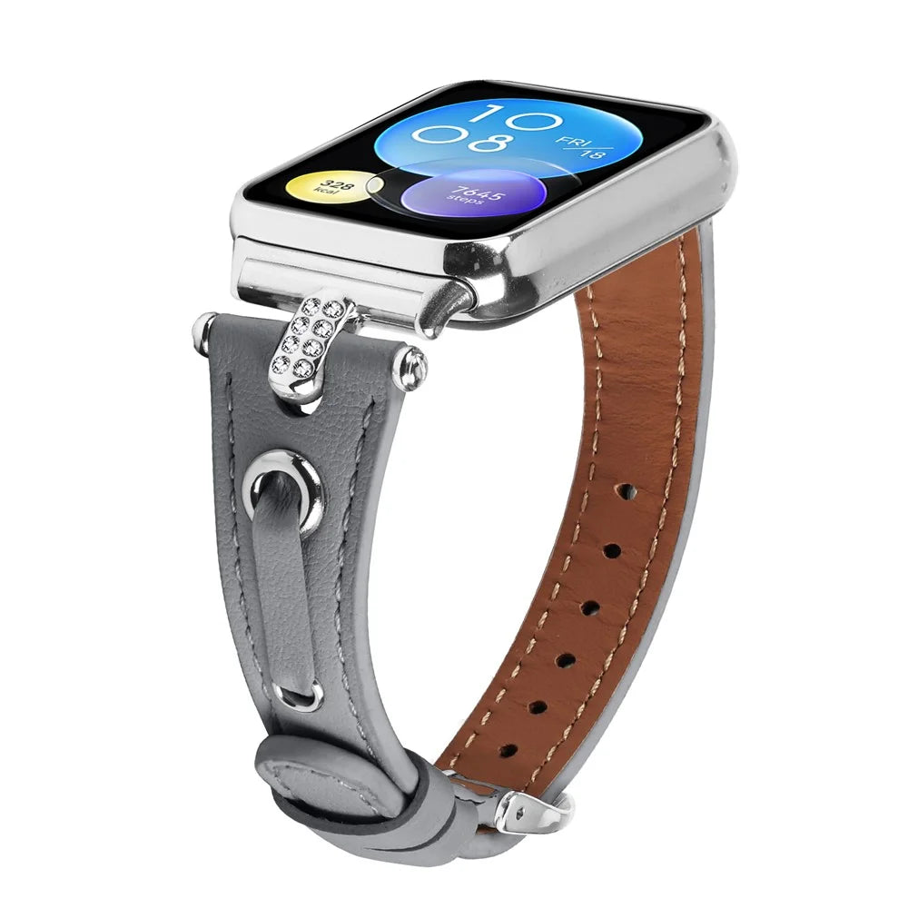 For Xiaomi Smart Band 10 Pro / 9 Pro / 8 Pro / Redmi Watch 6 / 5 / 4 Slim Strap Rhinestone Genuine Cow Leather Watch Band (Silver Buckle) - Grey - 3