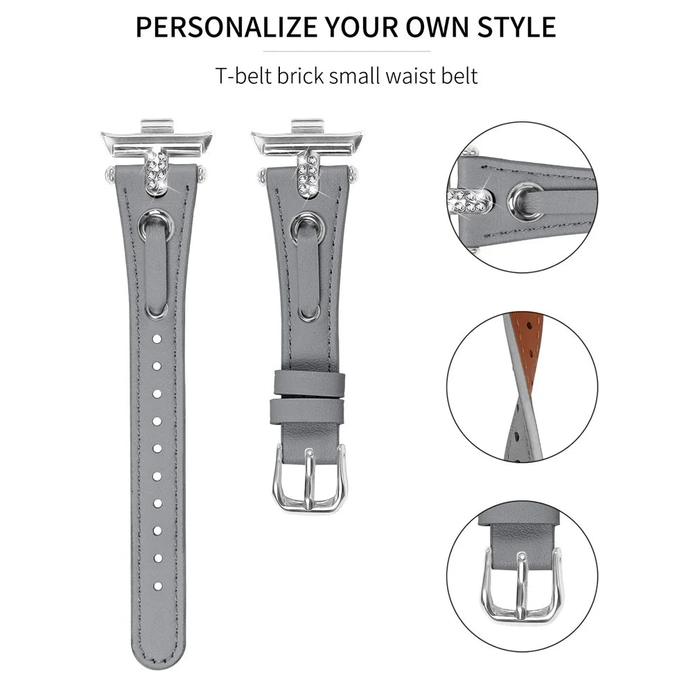 For Xiaomi Smart Band 10 Pro / 9 Pro / 8 Pro / Redmi Watch 6 / 5 / 4 Slim Strap Rhinestone Genuine Cow Leather Watch Band (Silver Buckle) - Grey - 4