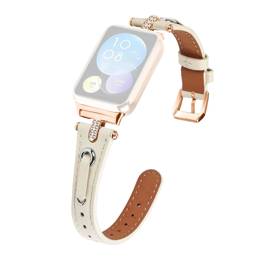 For Xiaomi Smart Band 10 Pro / 9 Pro / 8 Pro / Redmi Watch 6 / 5 / 4 Rhinestone Genuine Cow Leather Watch Strap (Rose Gold Buckle) - Apricot - 1