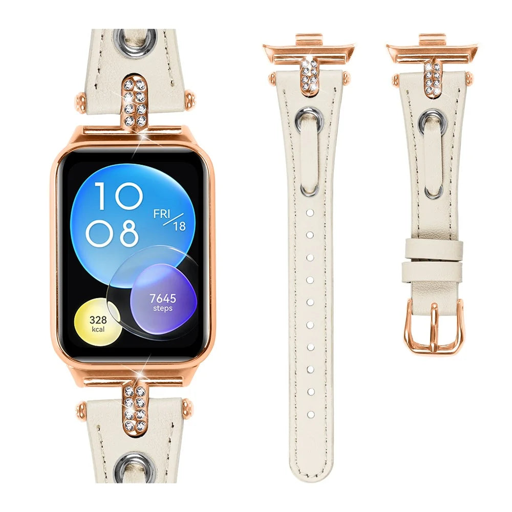 For Xiaomi Smart Band 10 Pro / 9 Pro / 8 Pro / Redmi Watch 6 / 5 / 4 Rhinestone Genuine Cow Leather Watch Strap (Rose Gold Buckle) - Apricot - 2