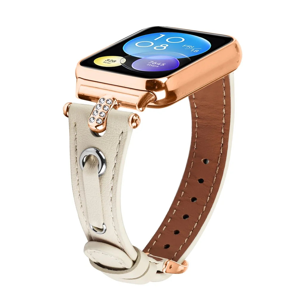 For Xiaomi Smart Band 10 Pro / 9 Pro / 8 Pro / Redmi Watch 6 / 5 / 4 Rhinestone Genuine Cow Leather Watch Strap (Rose Gold Buckle) - Apricot - 3