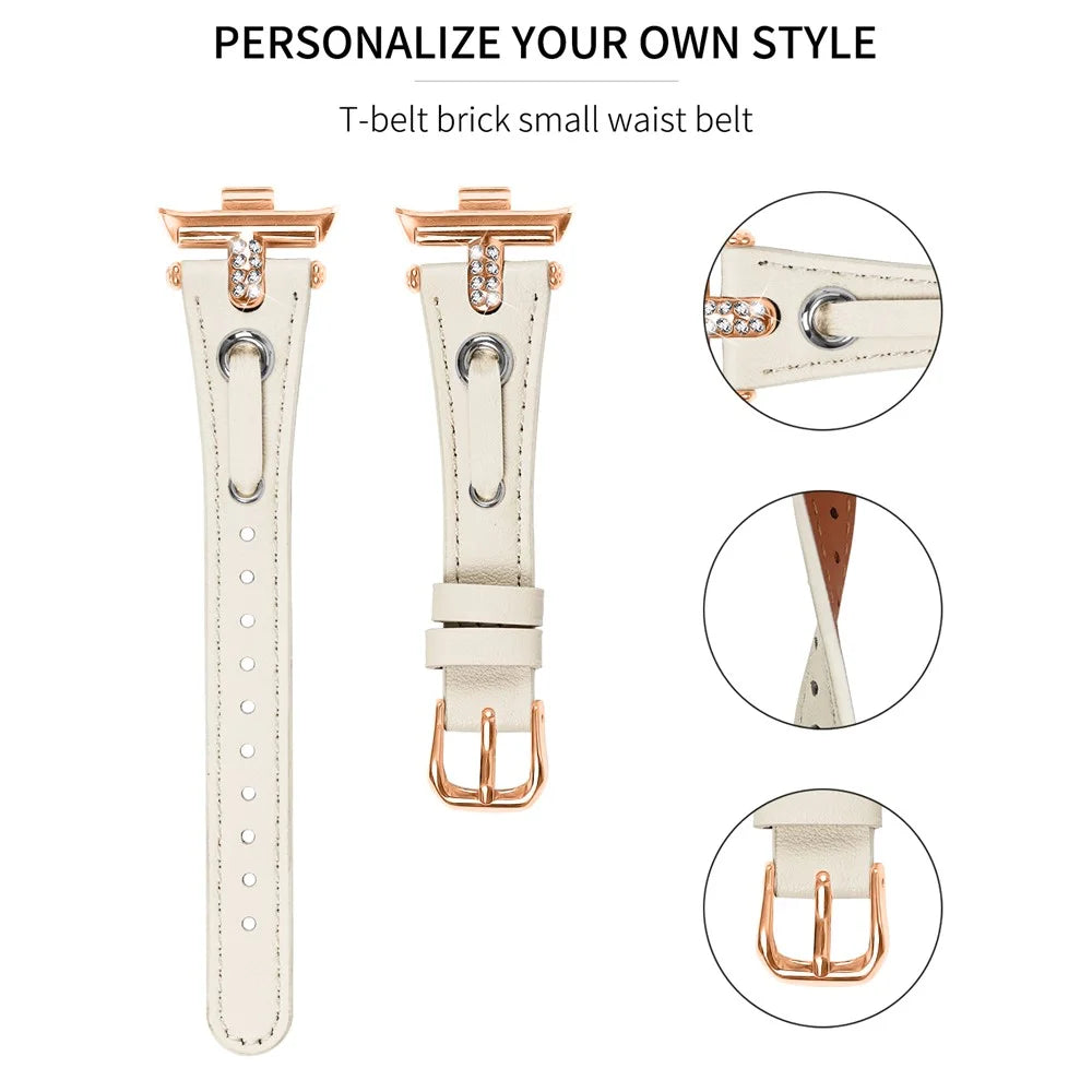 For Xiaomi Smart Band 10 Pro / 9 Pro / 8 Pro / Redmi Watch 6 / 5 / 4 Rhinestone Genuine Cow Leather Watch Strap (Rose Gold Buckle) - Apricot - 4