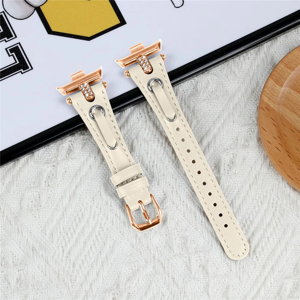 For Xiaomi Smart Band 10 Pro / 9 Pro / 8 Pro / Redmi Watch 6 / 5 / 4 Rhinestone Genuine Cow Leather Watch Strap (Rose Gold Buckle) - Apricot - 5