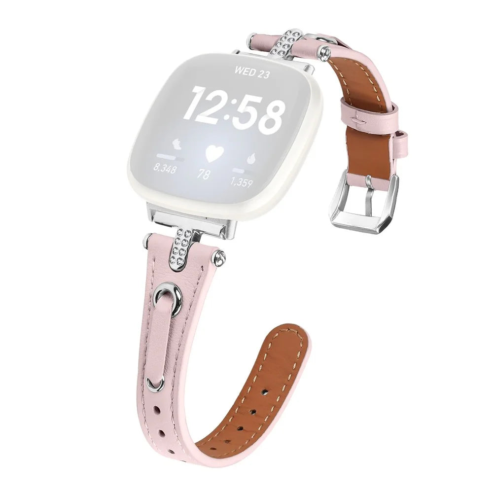 For Fitbit Versa 4 / Sense 2 Genuine Cow Leather Strap Rhinestone Watch Wrist Band (Silver Buckle) - Pink - 1