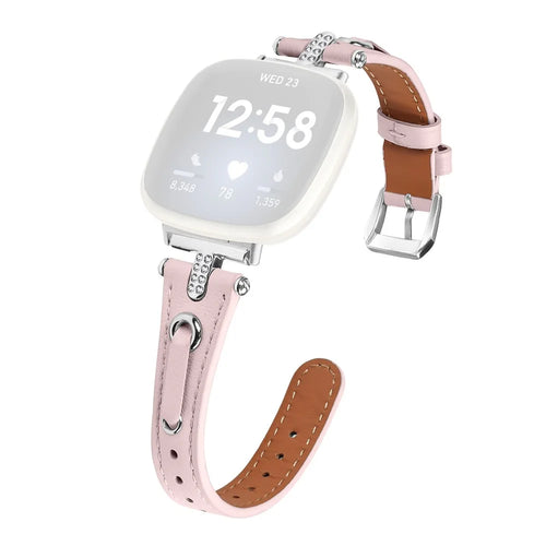 For Fitbit Versa 4 / Sense 2 Genuine Cow Leather Strap Rhinestone Watch Wrist Band (Silver Buckle) - Pink - 1
