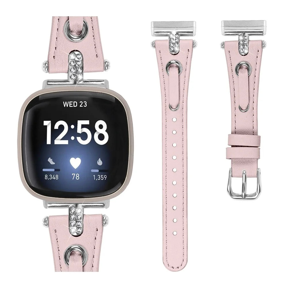 For Fitbit Versa 4 / Sense 2 Genuine Cow Leather Strap Rhinestone Watch Wrist Band (Silver Buckle) - Pink - 2