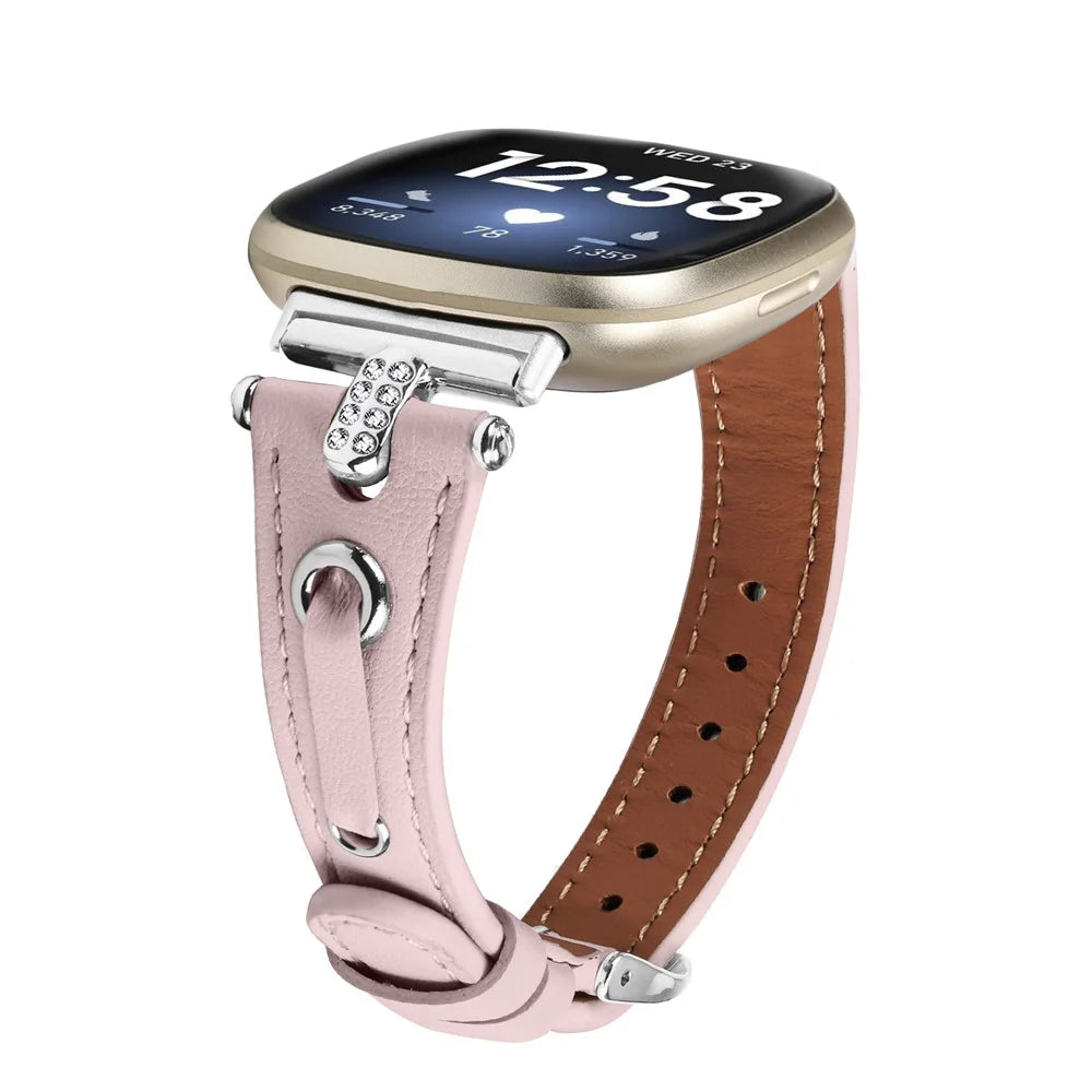 For Fitbit Versa 4 / Sense 2 Genuine Cow Leather Strap Rhinestone Watch Wrist Band (Silver Buckle) - Pink - 3