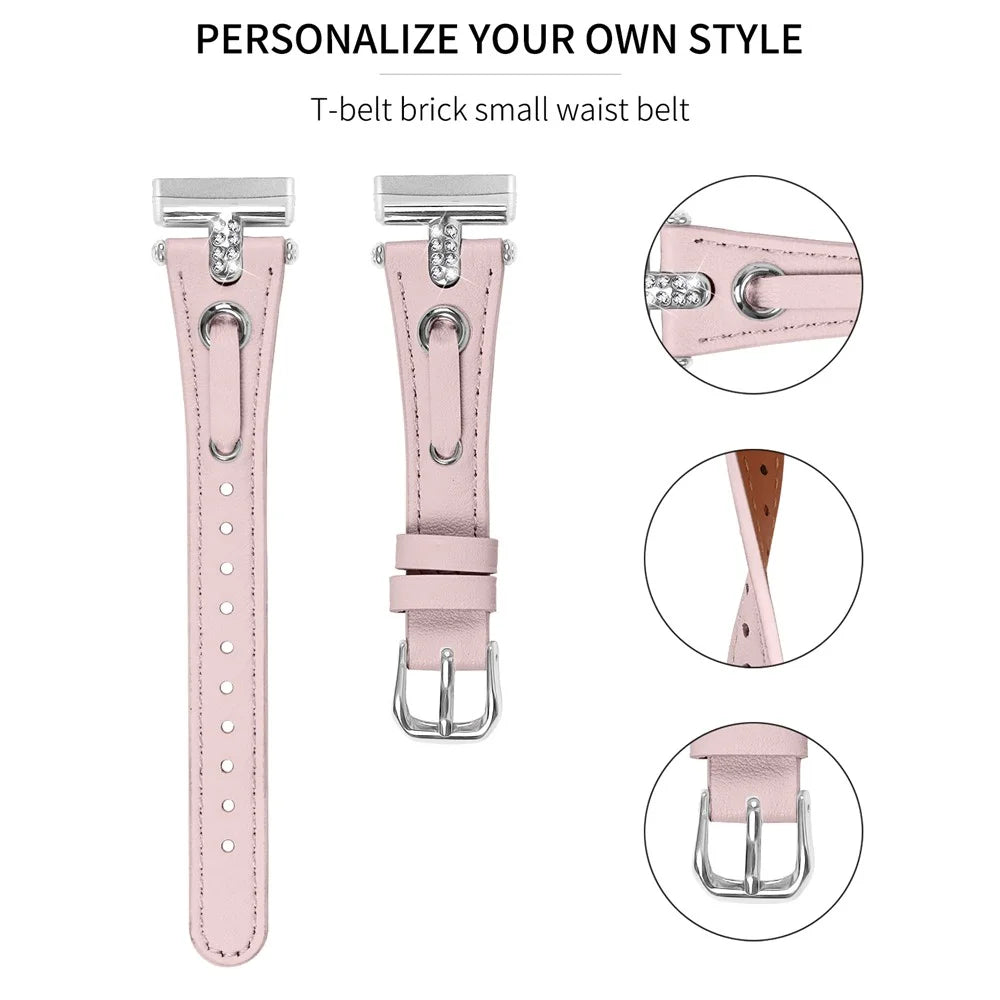 For Fitbit Versa 4 / Sense 2 Genuine Cow Leather Strap Rhinestone Watch Wrist Band (Silver Buckle) - Pink - 4