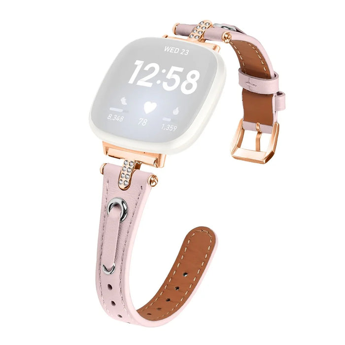 For Fitbit Versa 4 / Sense 2 Watch Wrist Band Genuine Cow Leather Strap (Rose Gold Buckle) - Pink - 1