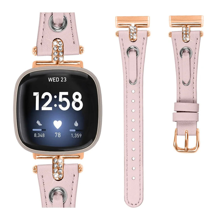 For Fitbit Versa 4 / Sense 2 Watch Wrist Band Genuine Cow Leather Strap (Rose Gold Buckle) - Pink - 2
