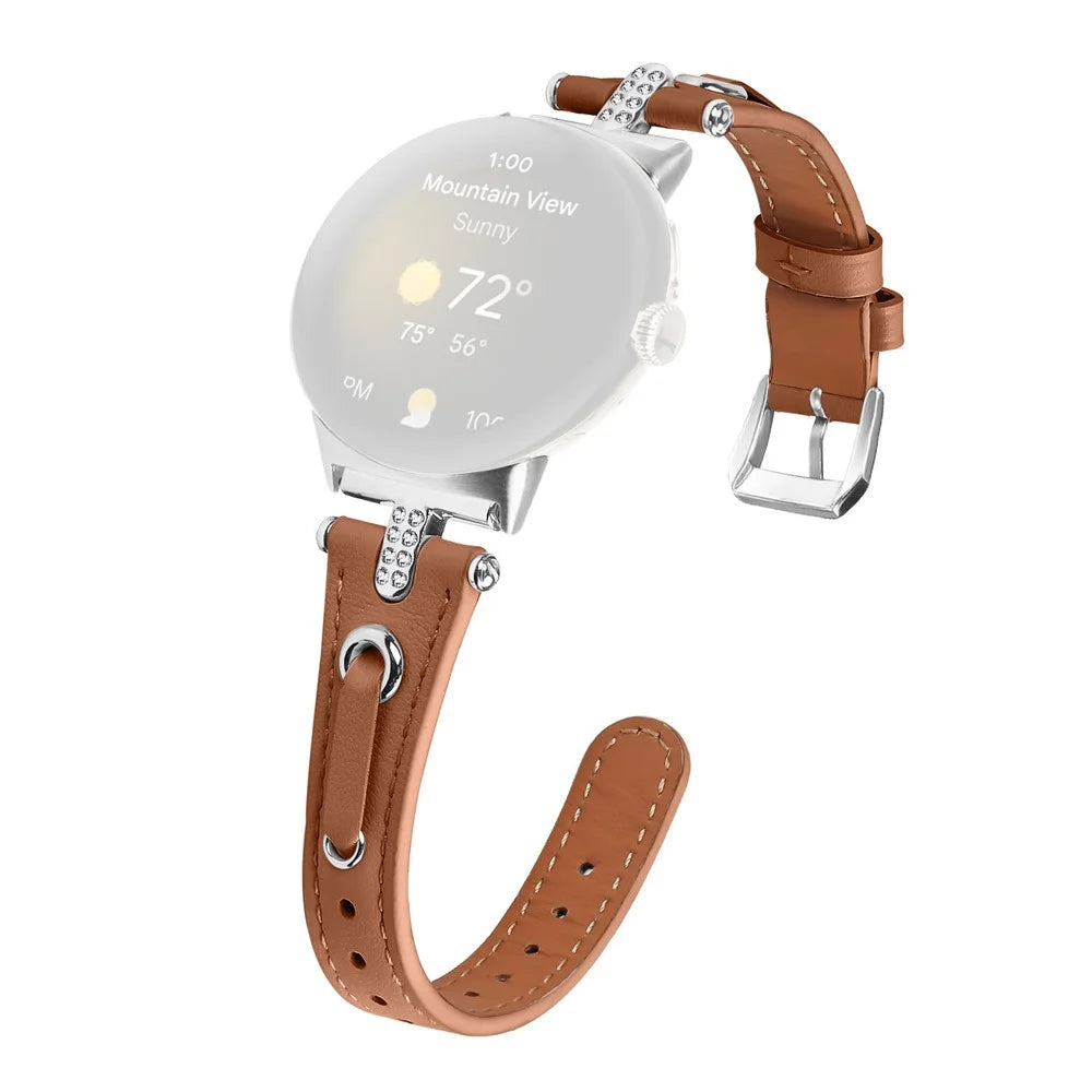 For Google Pixel Watch 4 41mm / Watch 3 41mm / Watch 2 / Watch Genuine Cow Leather Watch Strap Rhinestone Decor Watch Band with Silver Buckle - Brown - 1