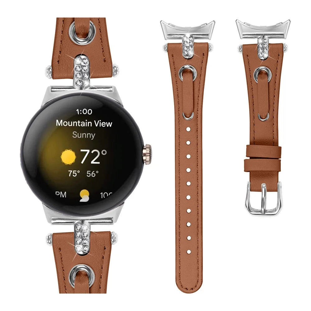 For Google Pixel Watch 4 41mm / Watch 3 41mm / Watch 2 / Watch Genuine Cow Leather Watch Strap Rhinestone Decor Watch Band with Silver Buckle - Brown - 2