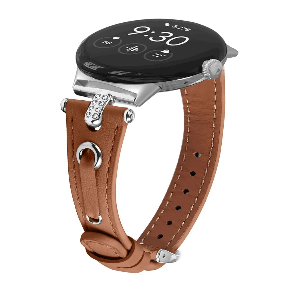 For Google Pixel Watch 4 41mm / Watch 3 41mm / Watch 2 / Watch Genuine Cow Leather Watch Strap Rhinestone Decor Watch Band with Silver Buckle - Brown - 3