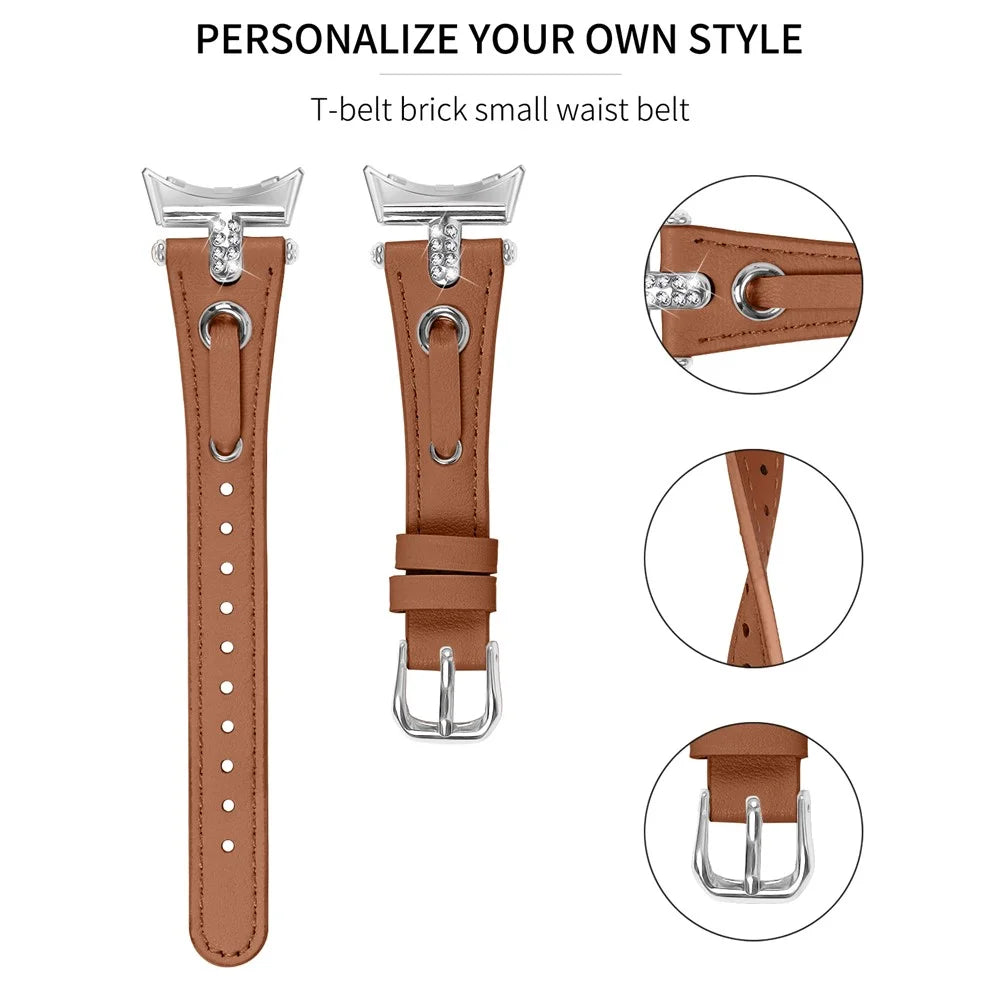 For Google Pixel Watch 4 41mm / Watch 3 41mm / Watch 2 / Watch Genuine Cow Leather Watch Strap Rhinestone Decor Watch Band with Silver Buckle - Brown - 4