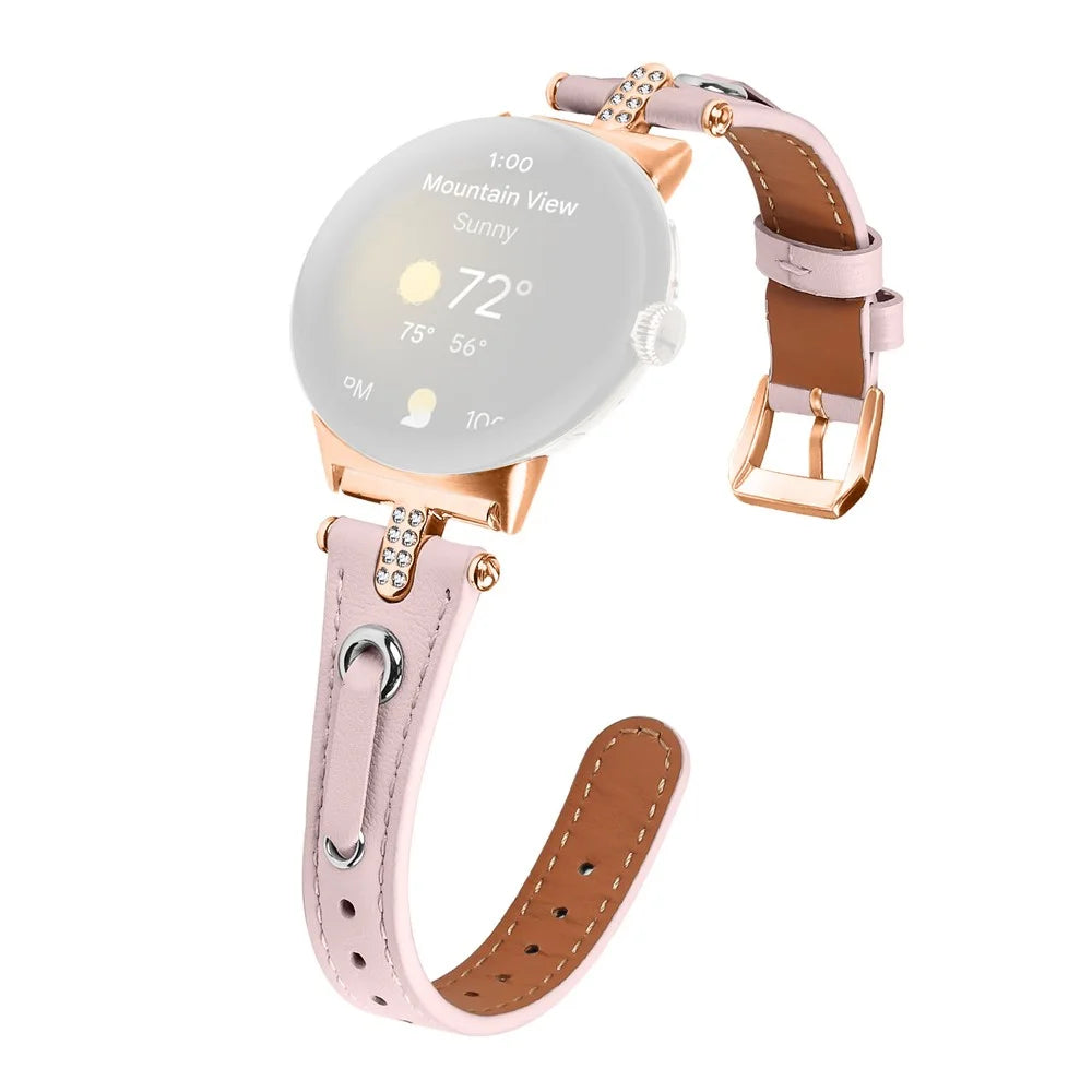 For Google Pixel Watch 4 41mm / Watch 3 41mm / Watch 2 / Watch Genuine Cow Leather Watch Strap Rhinestone Decor Rose Gold Buckle Watch Band - Pink - 1
