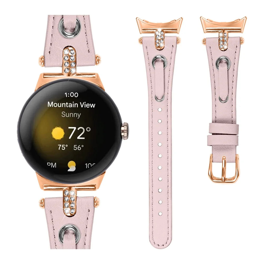 For Google Pixel Watch 4 41mm / Watch 3 41mm / Watch 2 / Watch Genuine Cow Leather Watch Strap Rhinestone Decor Rose Gold Buckle Watch Band - Pink - 2