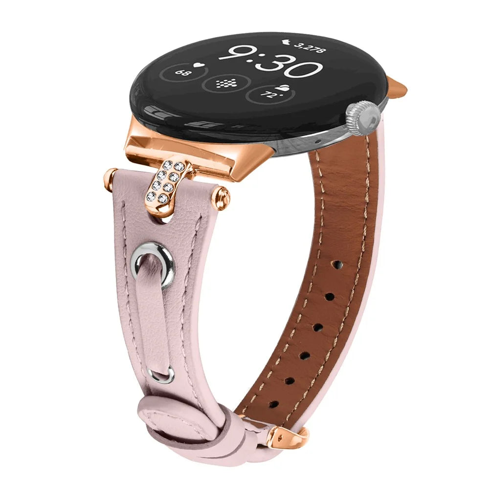 For Google Pixel Watch 4 41mm / Watch 3 41mm / Watch 2 / Watch Genuine Cow Leather Watch Strap Rhinestone Decor Rose Gold Buckle Watch Band - Pink - 3
