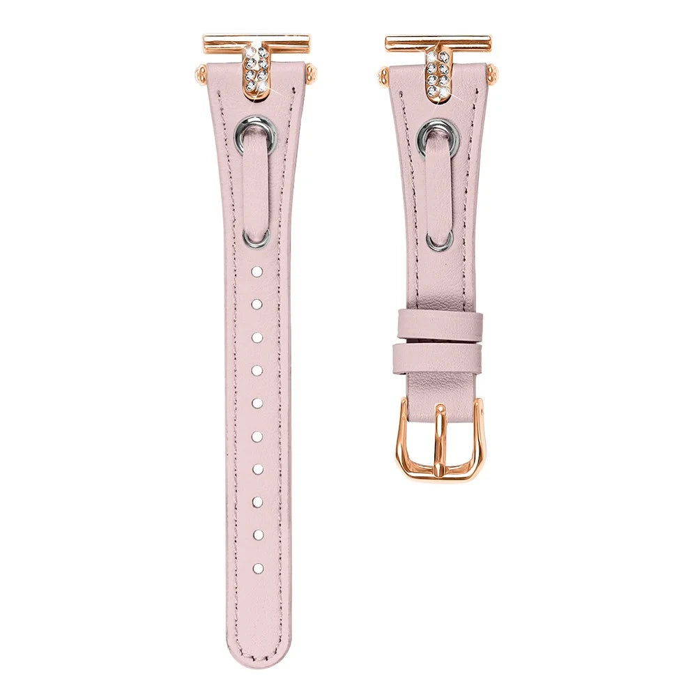 For GarminMove 3  /  Vivomove 3 Watchband Genuine Cow Leather T-belt with Rhinestone Decor (Rose Gold Connector) - Pink - 1