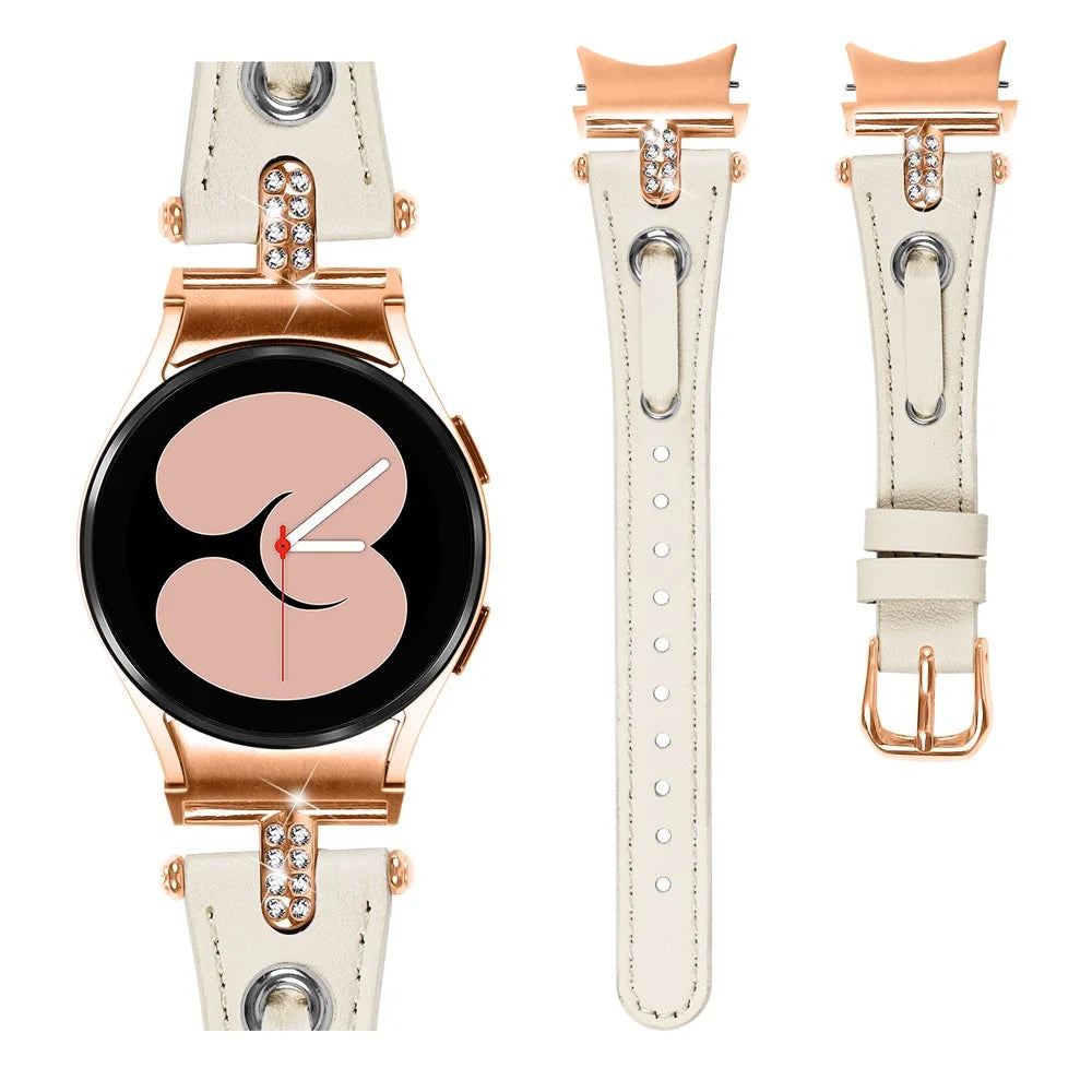 For Samsung Galaxy Watch6 40mm  /  44mm  /  6 Classic 43mm  /  47mm Watchband Genuine Cow Leather Strap (Rose Gold Connector) - Apricot - 2