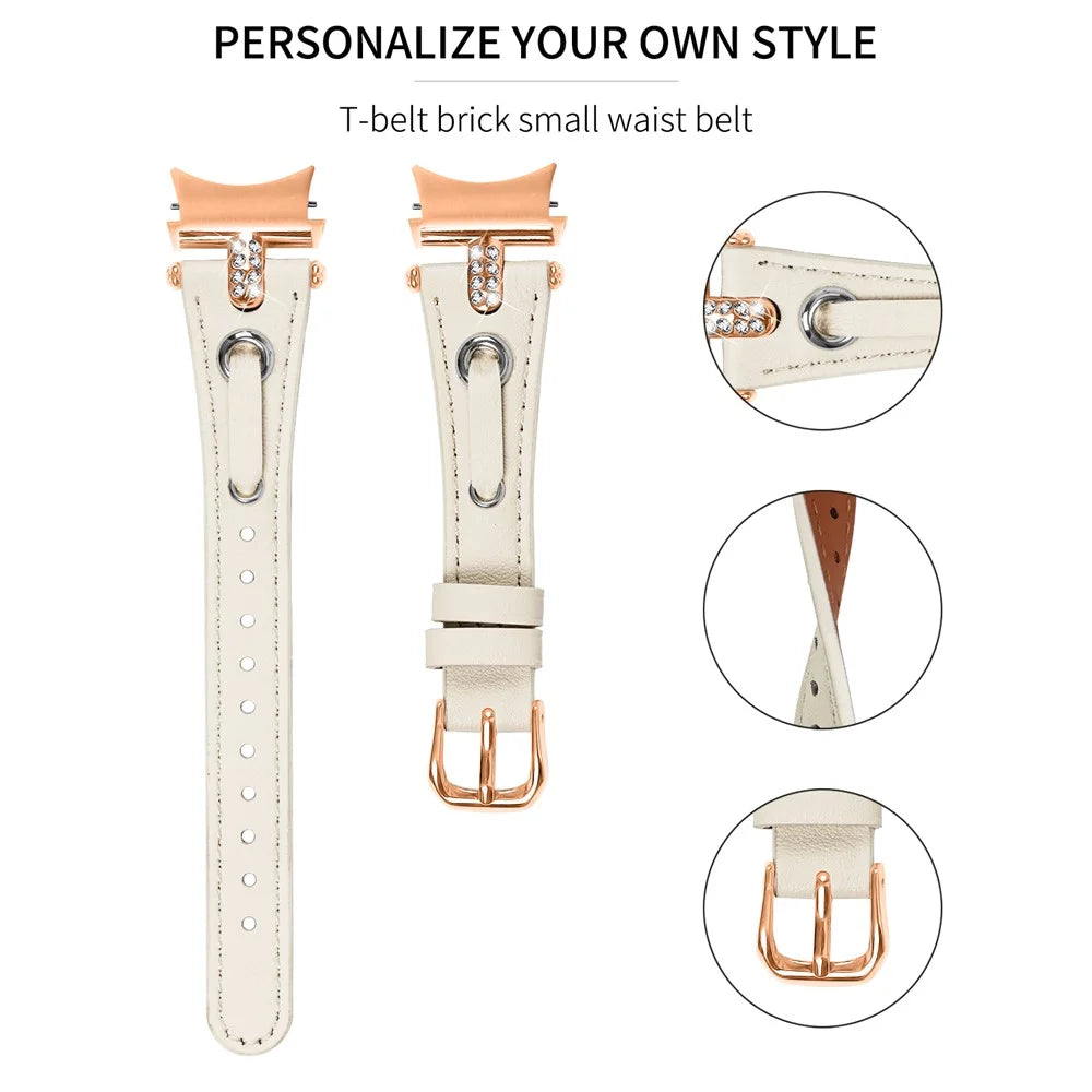 For Samsung Galaxy Watch6 40mm  /  44mm  /  6 Classic 43mm  /  47mm Watchband Genuine Cow Leather Strap (Rose Gold Connector) - Apricot - 4