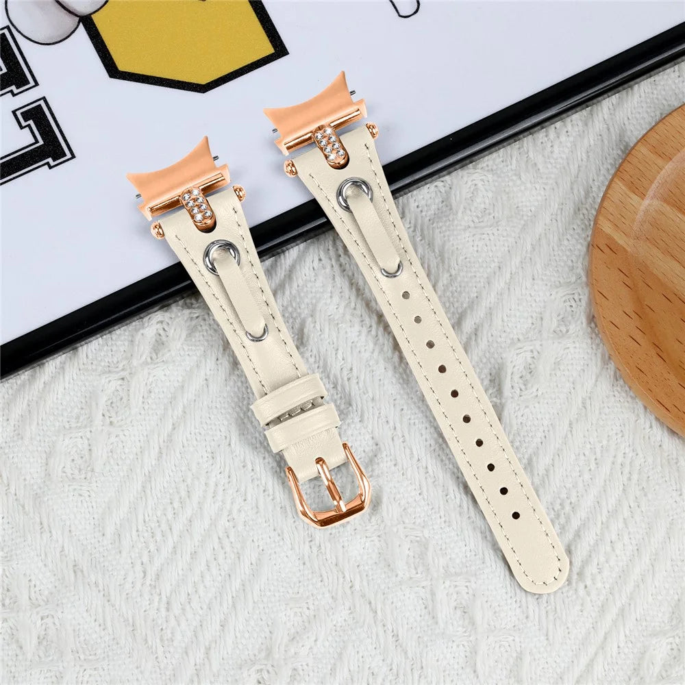 For Samsung Galaxy Watch6 40mm  /  44mm  /  6 Classic 43mm  /  47mm Watchband Genuine Cow Leather Strap (Rose Gold Connector) - Apricot - 5