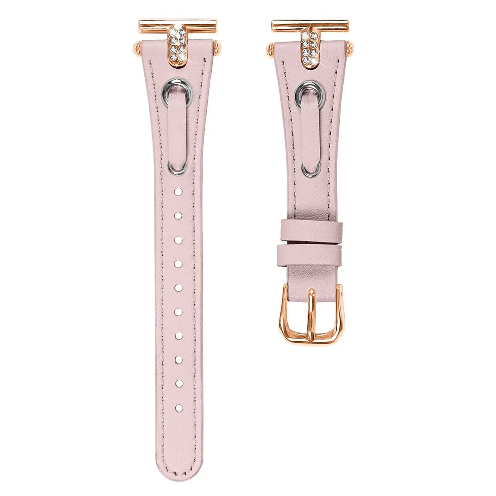 For Garmin Forerunner 245  /  245 Music Genuine Cow Leather Watchband with Rhinestone Decor (Rose Gold Connector) - Pink - 1