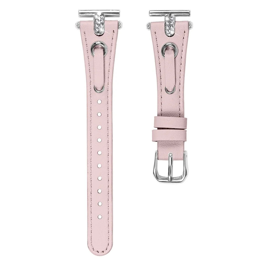 For Garmin Forerunner 245  /  245 Music Genuine Cow Leather Watchband Rhinestone Decor Strap (Silver Connector) - Pink - 1