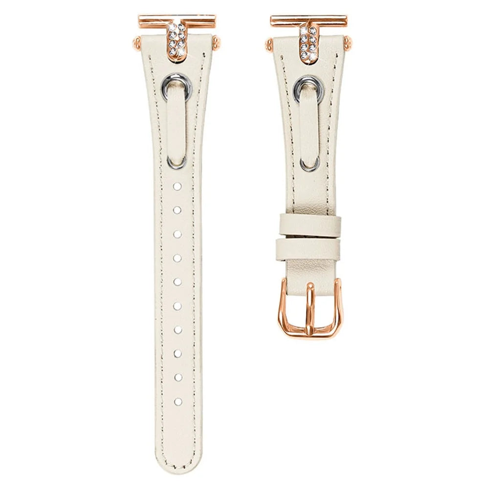 For Pebble Time Round / Pebble 2 Genuine Cow Leather Watch Band Rhinestone Decor Rose Gold Buckle Watch Strap - Apricot - 1