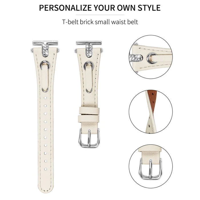 For Pebble Time Round / Pebble 2 Replacement Band Rhinestone Decor Genuine Cow Leather Watch Strap with Silver Buckle - Apricot - 2
