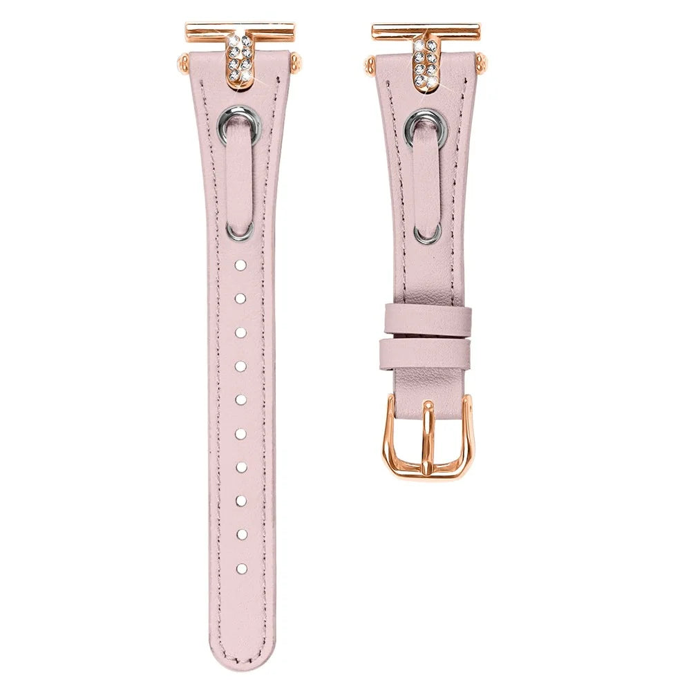 For Garmin Vivomove / Vivomove HR Watch Band Replacement Genuine Cow Leather Rose Gold Buckle Strap with Rhinestone Decor - Pink - 1