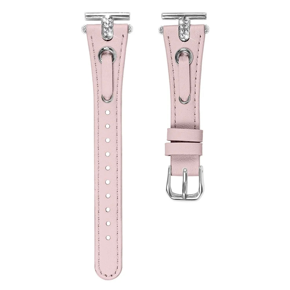 For Huami Amazfit Cheetah Pro Replacement Strap Shine Rhinestone Genuine Cow Leather Watch Band with Silver Buckle - Pink - 1