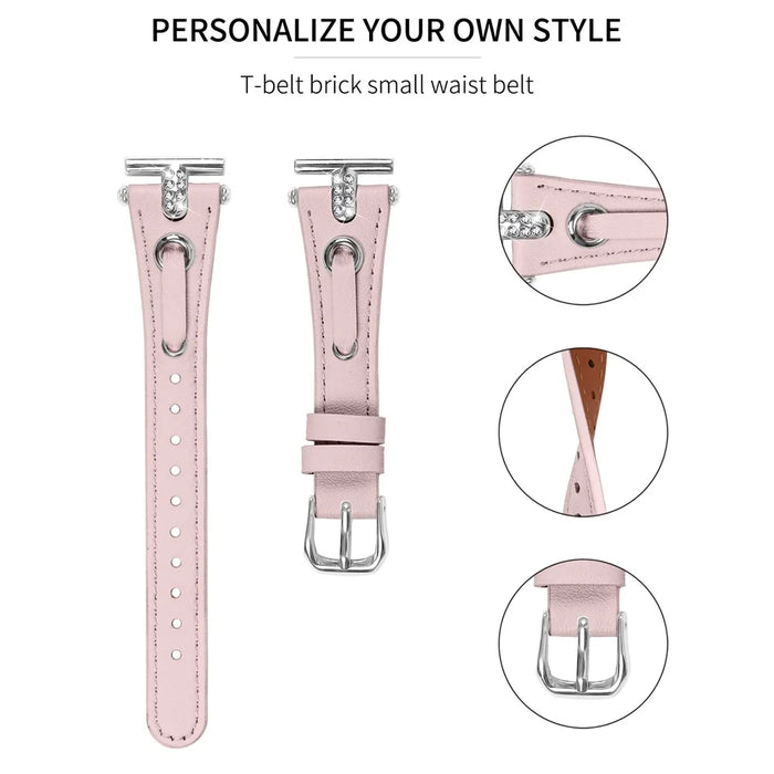 For Huami Amazfit Cheetah Pro Replacement Strap Shine Rhinestone Genuine Cow Leather Watch Band with Silver Buckle - Pink - 2