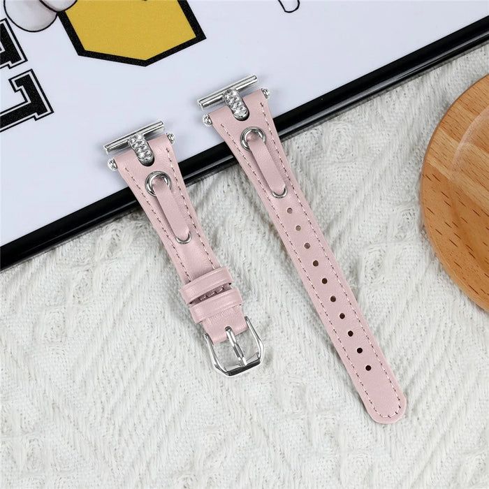 For Huami Amazfit Cheetah Pro Replacement Strap Shine Rhinestone Genuine Cow Leather Watch Band with Silver Buckle - Pink - 3