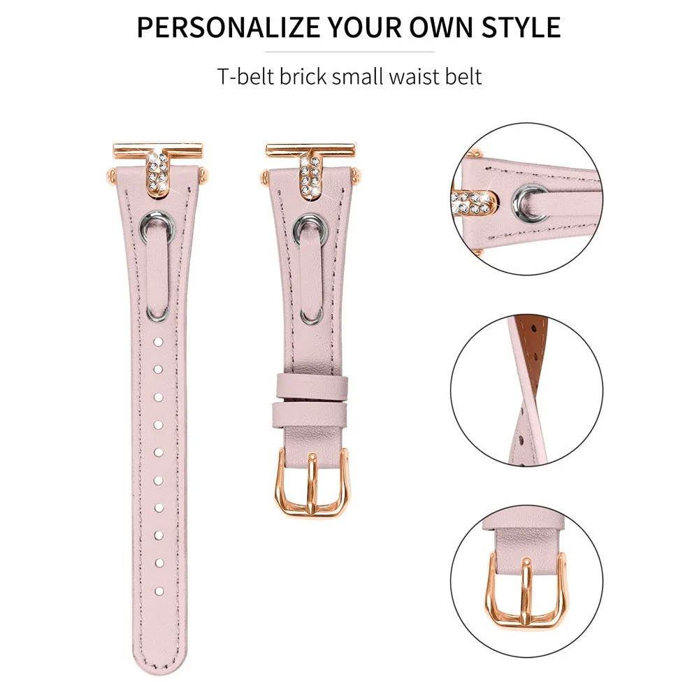 For Huami Amazfit Cheetah Pro Wrist Watch Band Genuine Cow Leather Shine Rhinestone Rose Gold Buckle Strap - Pink - 2