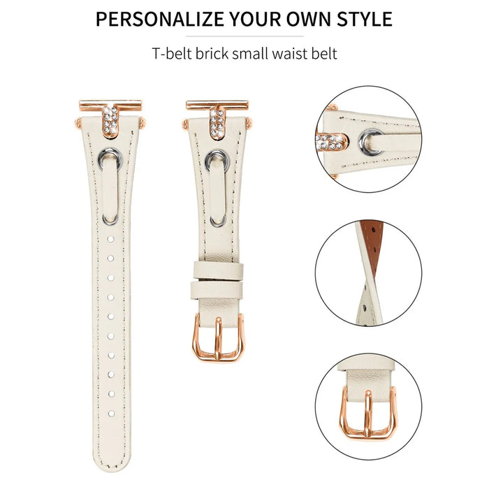 For Misfit Vapor Genuine Cow Leather Watch Band Rhinestone Decor Rose Gold Buckle Watch Strap - Apricot - 2