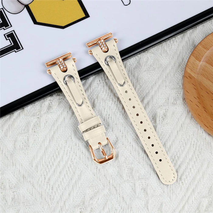 For Misfit Vapor Genuine Cow Leather Watch Band Rhinestone Decor Rose Gold Buckle Watch Strap - Apricot - 3
