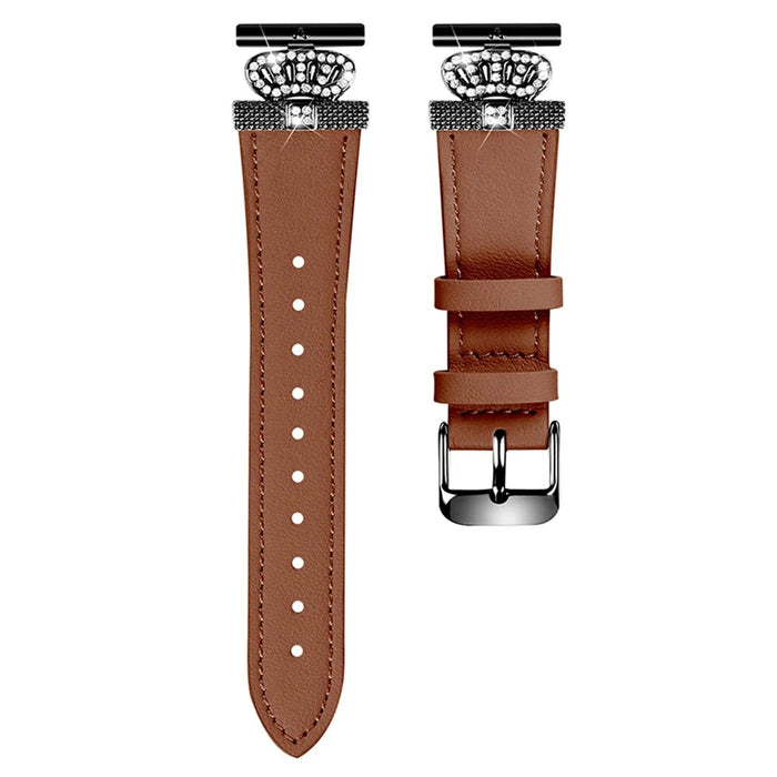 For LG Watch Sport Black Buckle Wrist Band Rhinestone Crown Design Cowhide Watch Strap - Brown - 1