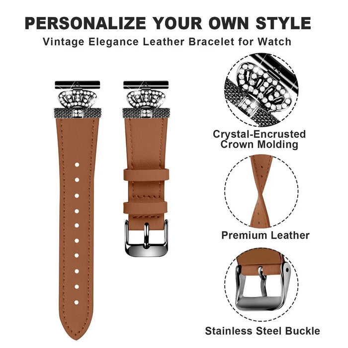 For LG Watch Sport Black Buckle Wrist Band Rhinestone Crown Design Cowhide Watch Strap - Brown - 2