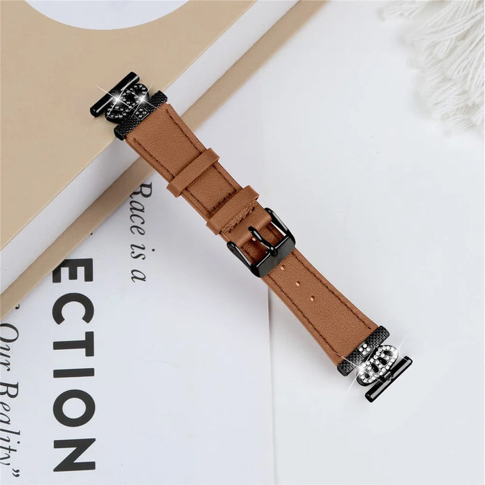 For LG Watch Sport Black Buckle Wrist Band Rhinestone Crown Design Cowhide Watch Strap - Brown - 3