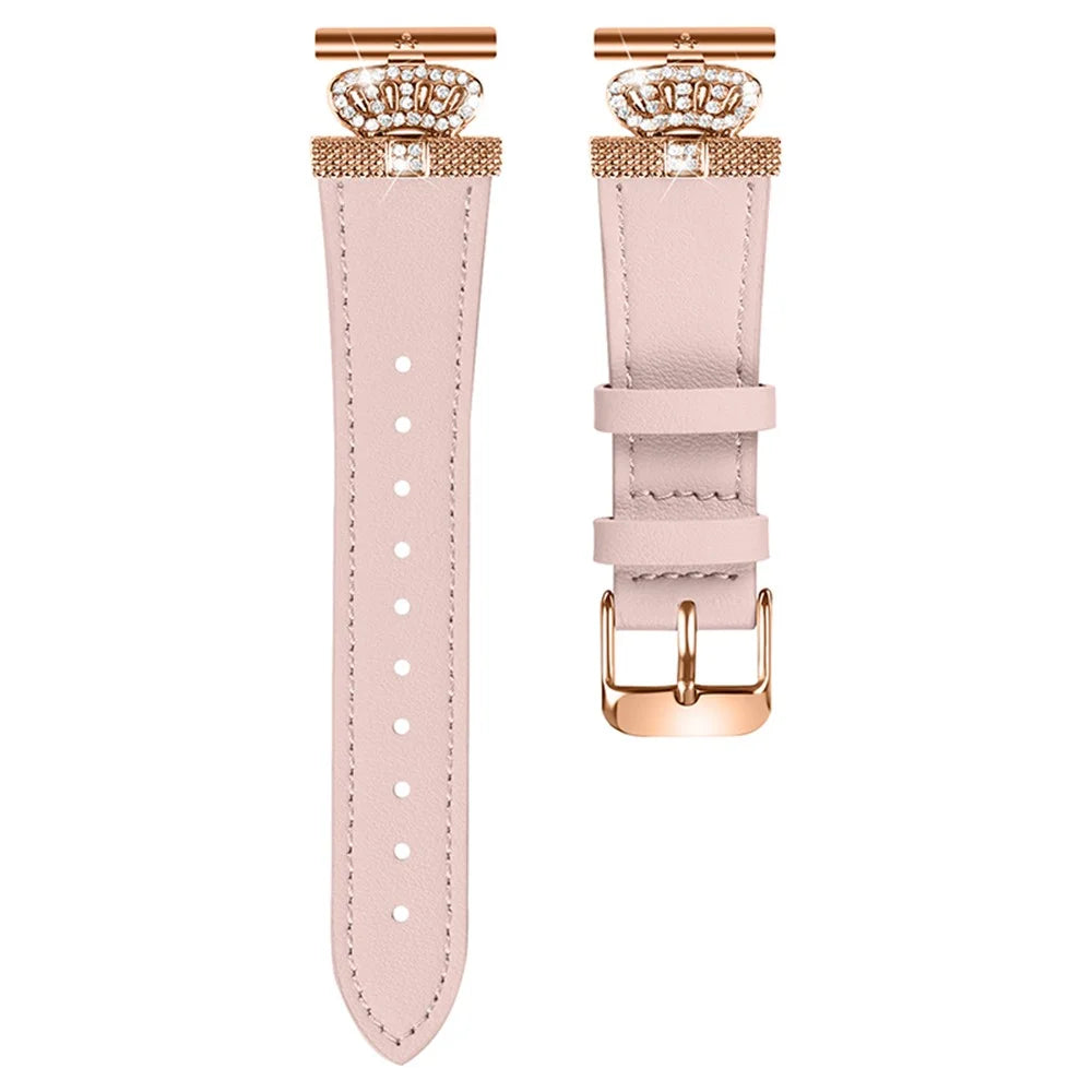 For LG Watch Sport Rose Gold Buckle Watch Band Rhinestone Crown Connector Cowhide Strap - Pink - 1