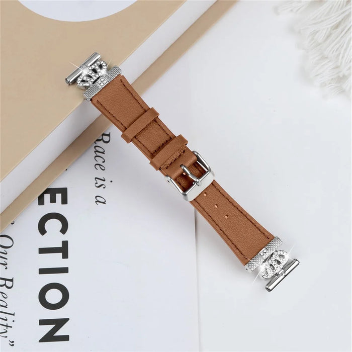 For LG Watch Sport Silver Buckle Watch Band Rhinestone Crown Design Cowhide Replace Strap - Brown - 3