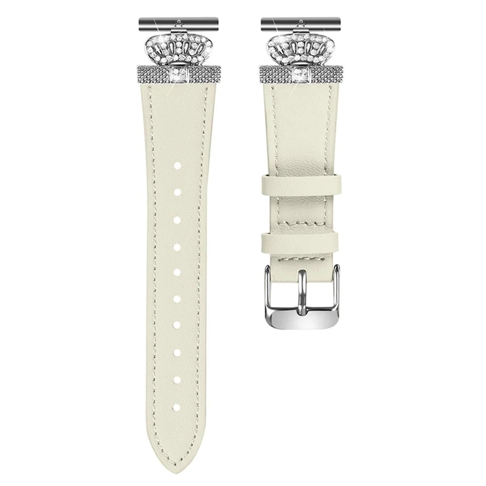 For Garmin Vivomove HR / Vivomove Watch Band Rhinestone Crown Design Cowhide Strap, Silver Buckle - Apricot - 1