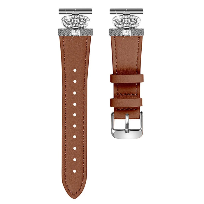 For Misfit Vapor Cowhide Watch Band Rhinestone Crown Design Replace Strap, Silver Buckle - Brown - 1