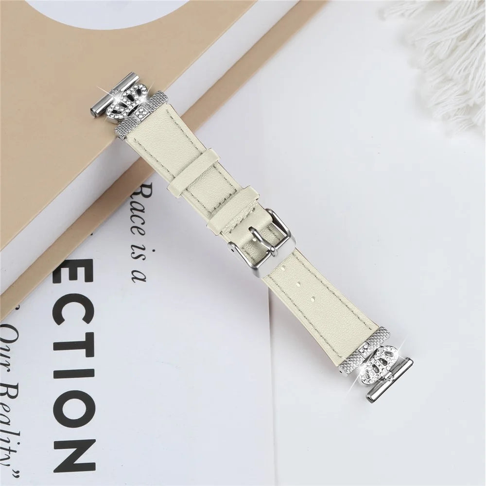 For Pebble Time Round / Pebble 2 Silver Buckle Cowhide Strap Rhinestone Decor Wrist Band - Apricot - 3