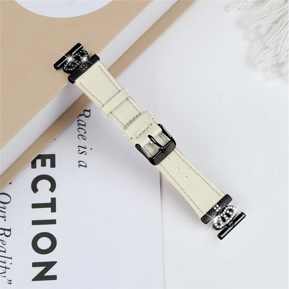 For Garmin Forerunner 645 / 645 Music Cowhide Strap with Black Buckle Rhinestone Decor Wrist Band - Apricot - 3