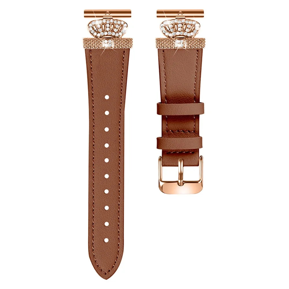 For Garmin Forerunner 245 / 245 Music Rose Gold Buckle Strap Rhinestone Crown Cowhide Band - Brown - 1